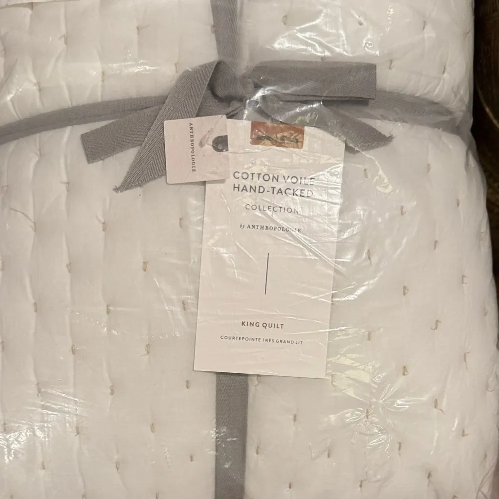 Anthropologie Cotton Voile Hand Tacked White Quilt King size